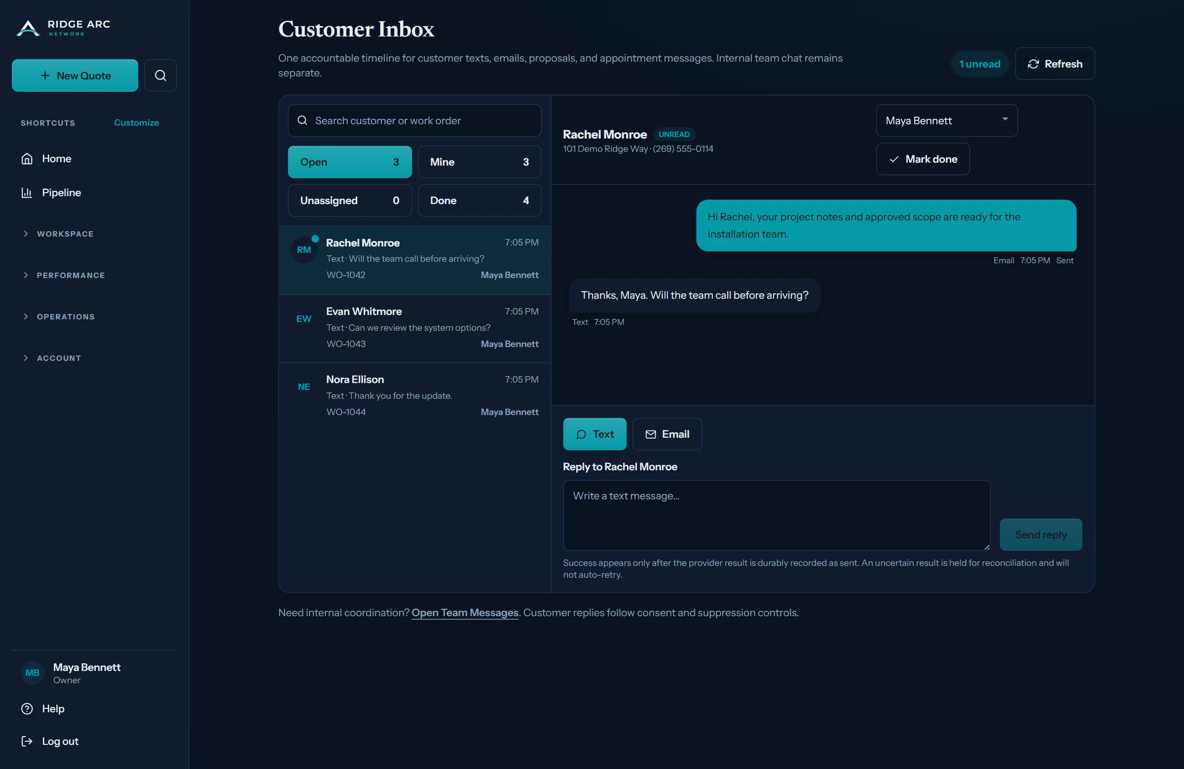 Current Ridge Arc customer inbox with demonstration conversations and replies