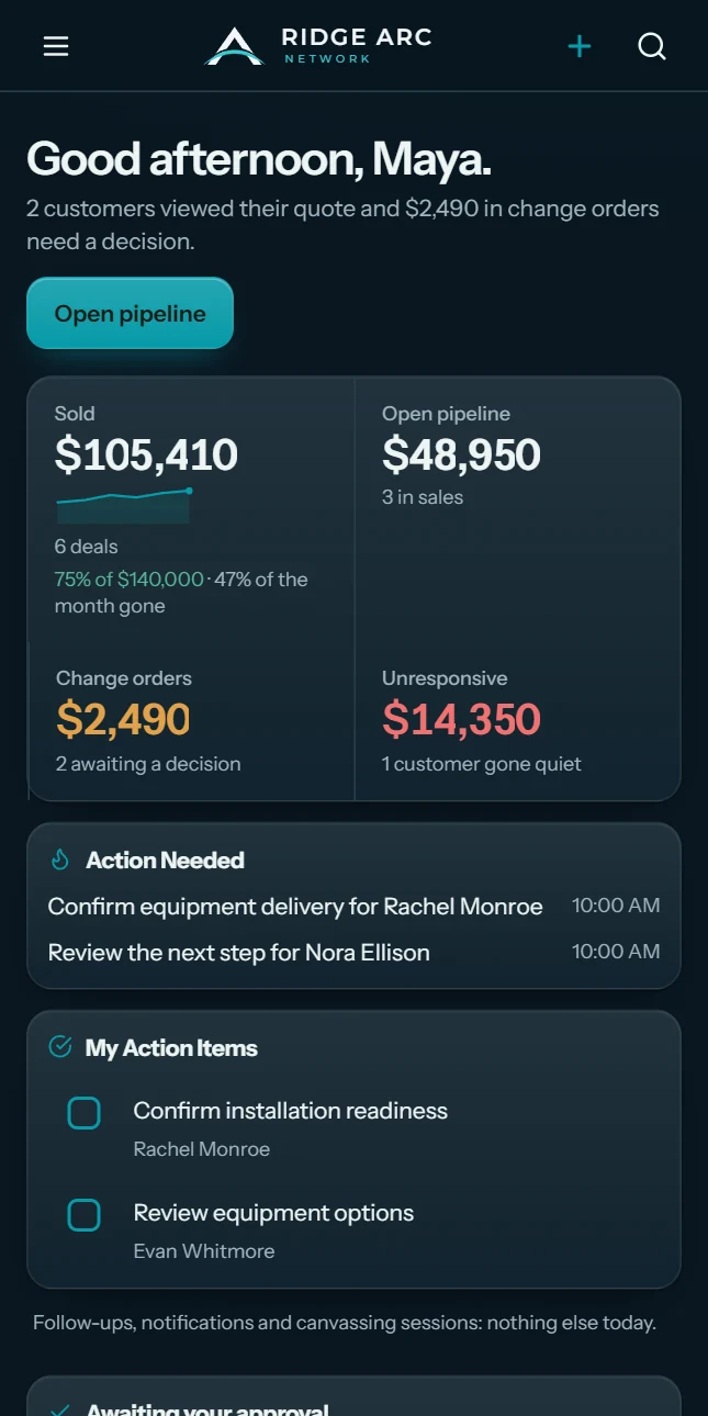 Current mobile company dashboard with demonstration pipeline totals and field activity