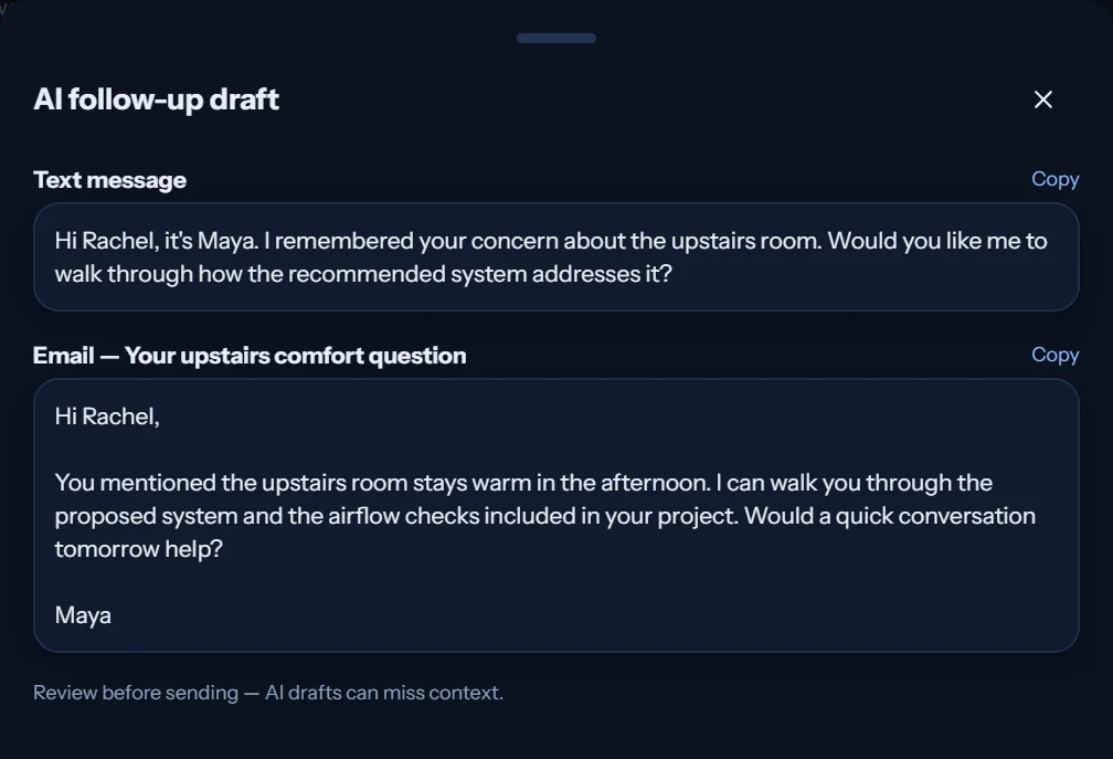 Current Ridge Arc AI follow-up draft with demonstration text and email messages