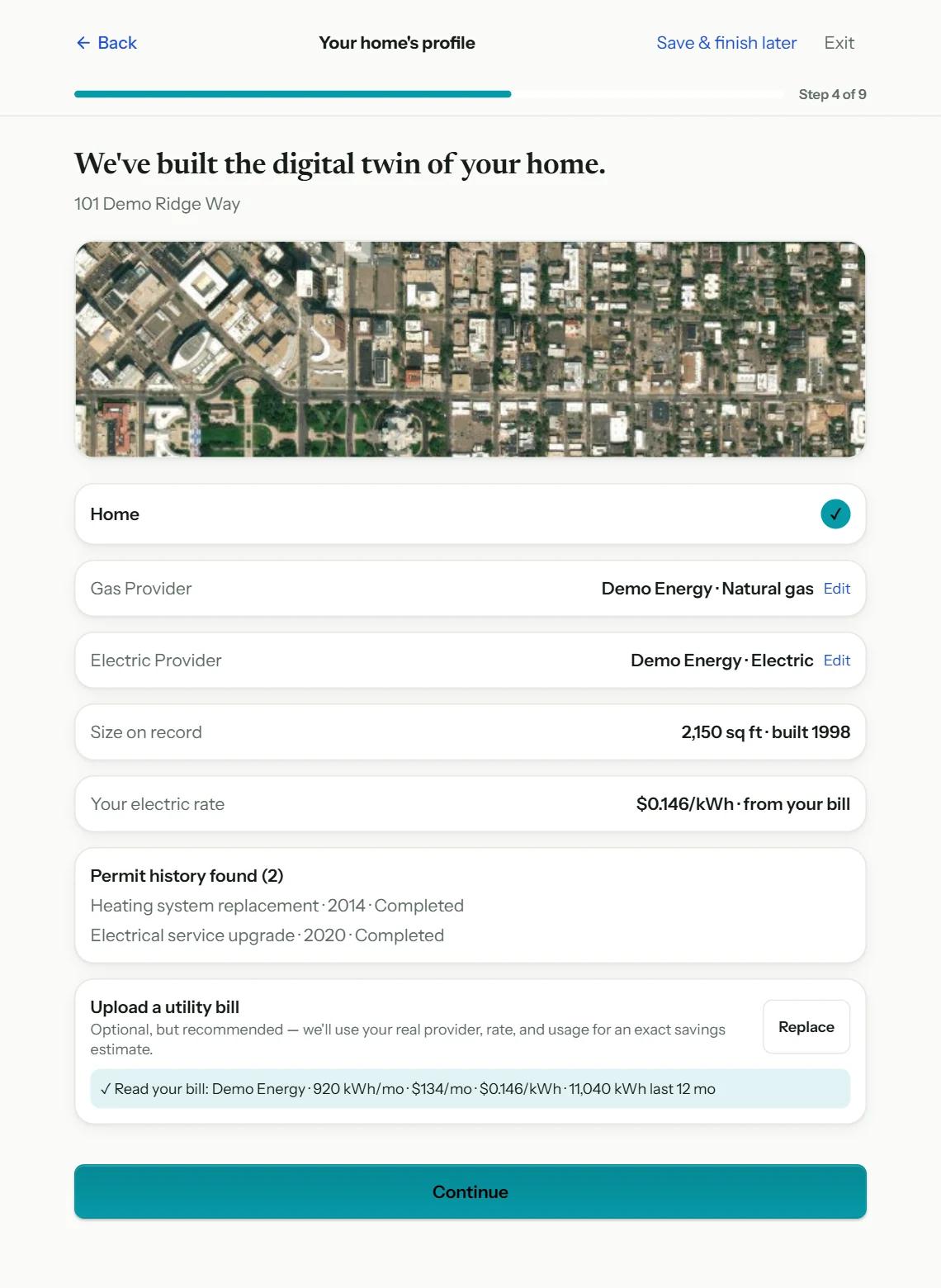 Current Ridge Arc digital home profile with illustrative aerial imagery and demonstration property, permit, utility and bill information