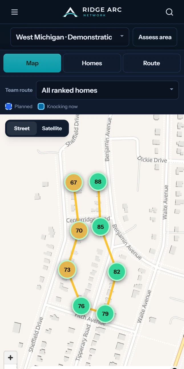Current mobile knock intelligence with a territory map and demonstration home ratings