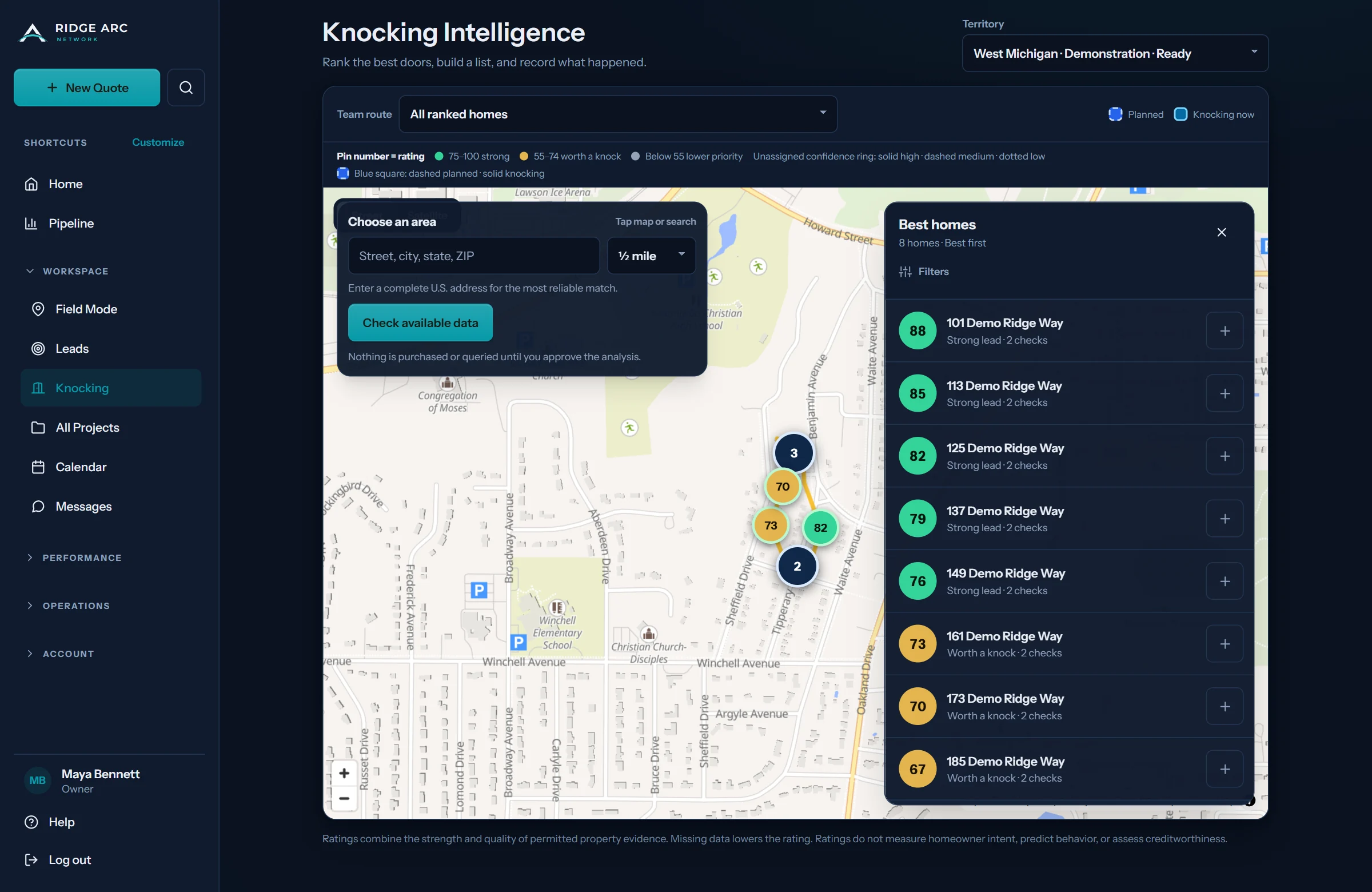 Current Ridge Arc knock intelligence with a map and synthetic ranked home opportunities