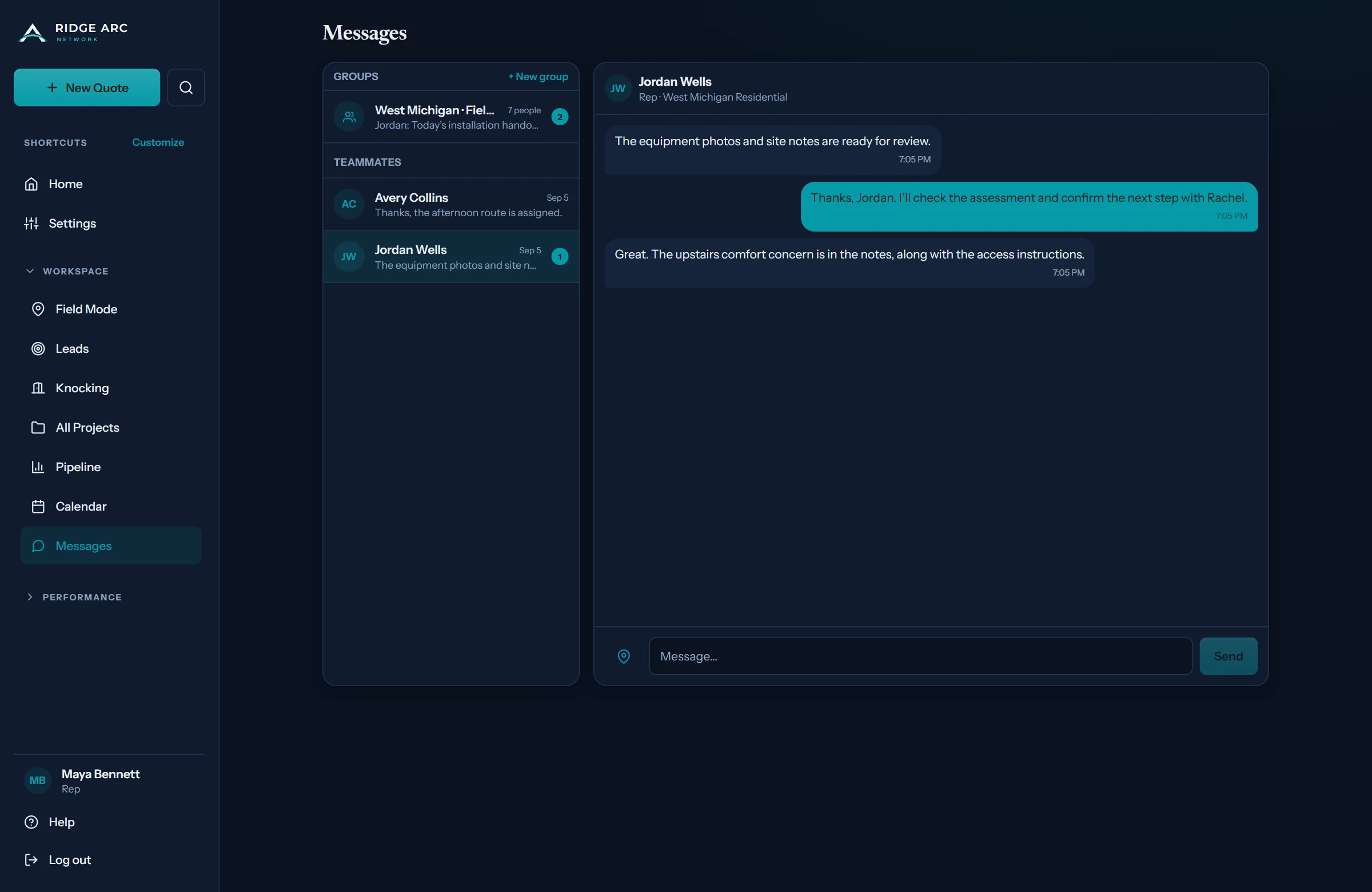 Current Ridge Arc built-in team messaging with a synthetic project conversation
